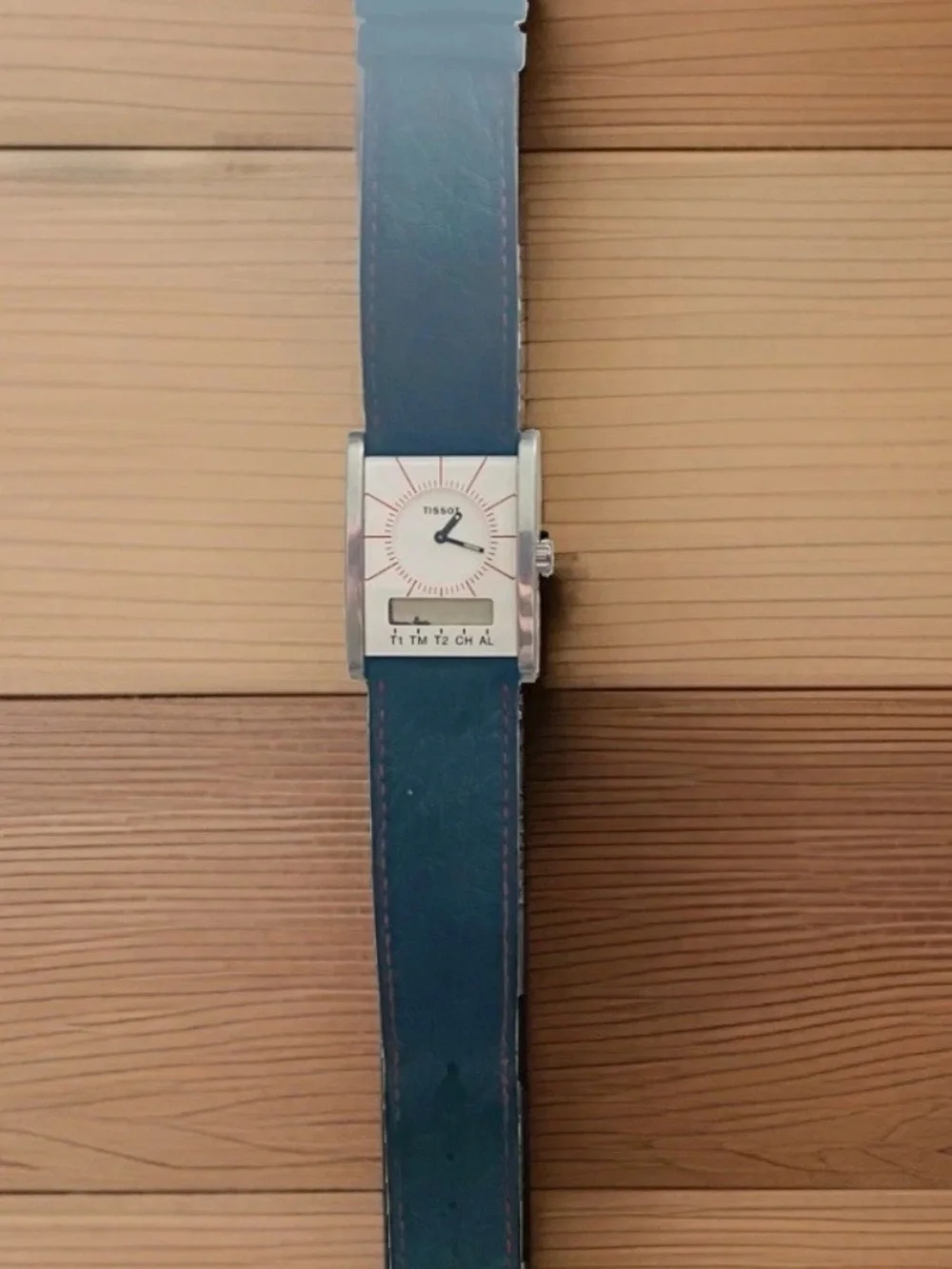 Vintage Tissot Two Timer D377 80's 90's Time Zone Blue Leather Square Face